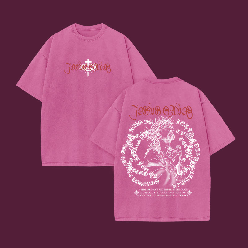 Unisex 100% Cotton Jesus Divine Redemption Print Acid Washed T-shirt