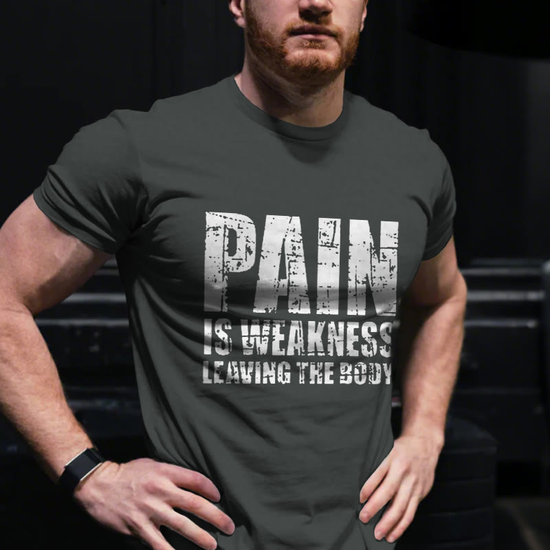 Unisex 100% Cotton Pain Is Weakness Leaving The Body Gym Print T-shirt - Grey - US20-22(3XL) - image 2
