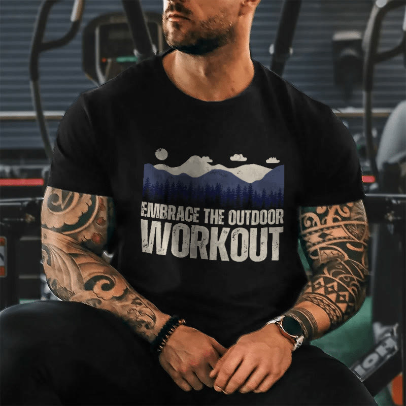 Unisex 100% Cotton Embrace The Outdoor Workout Gym Print T-shirt - Black - US20-22(3XL) - image 1