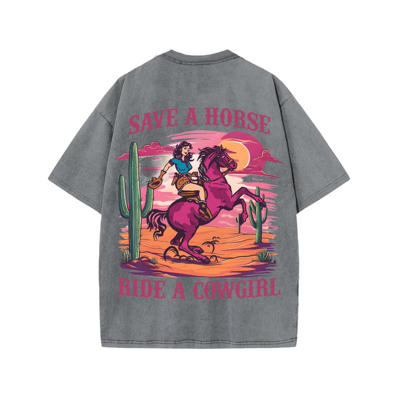 Unisex 100% Cotton Ride A Cowgirl Print Acid Washed T-shirt