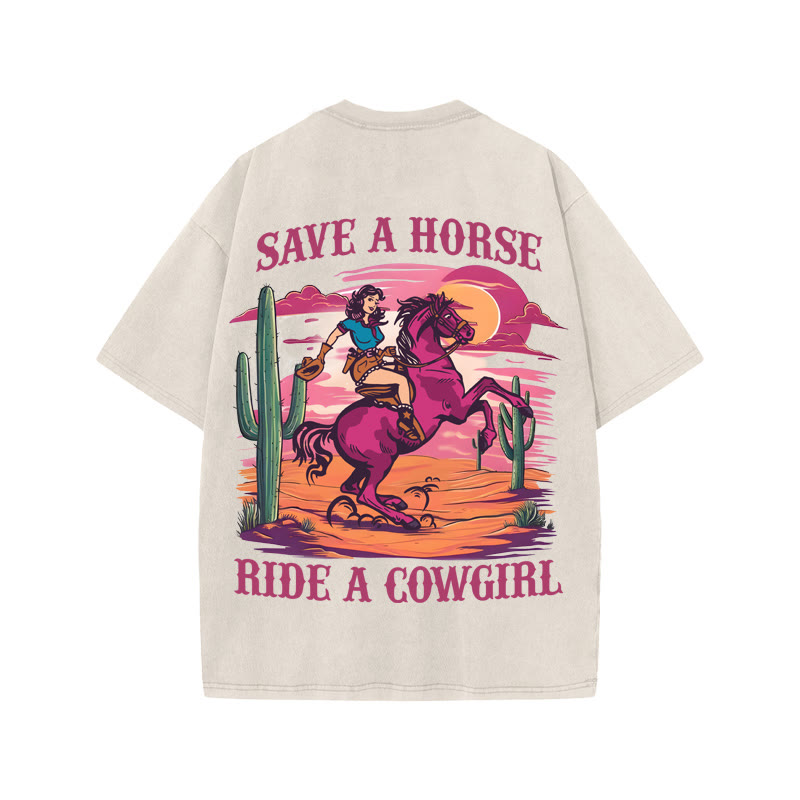 Unisex 100% Cotton Ride A Cowgirl Print Acid Washed T-shirt