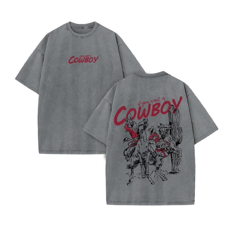 Unisex 100% Cotton Cowboy Print Acid Washed T-shirt