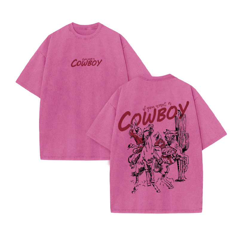 Unisex 100% Cotton Cowboy Print Acid Washed T-shirt