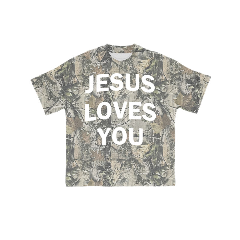 Unisex Jesus Loves You Dead Leaves Camouflage Print Short-sleeved T-shirt