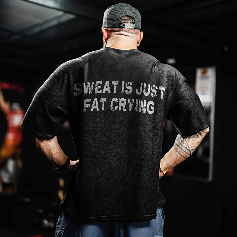 100% Cotton Sweat Is Just Fat Crying Gym Print Acid Washed T-shirt - image 2