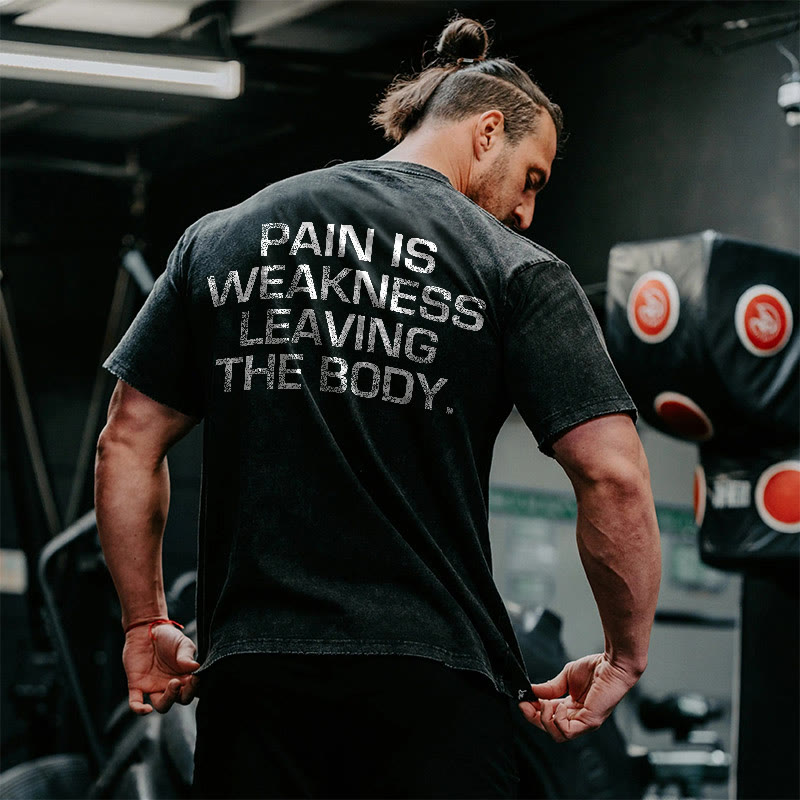 100% Cotton Pain Is Weakness Leaving The Body Gym Print Acid Washed T-shirt - Black - US20-22(3XL) - image 1