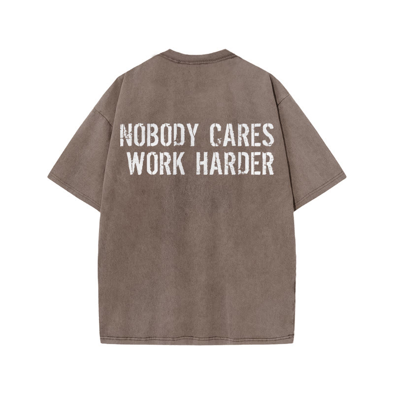 100% Cotton Nobody Cares Work Harder Gym Print Acid Washed T-shirt - Coffee - US20-22(3XL) - image 6