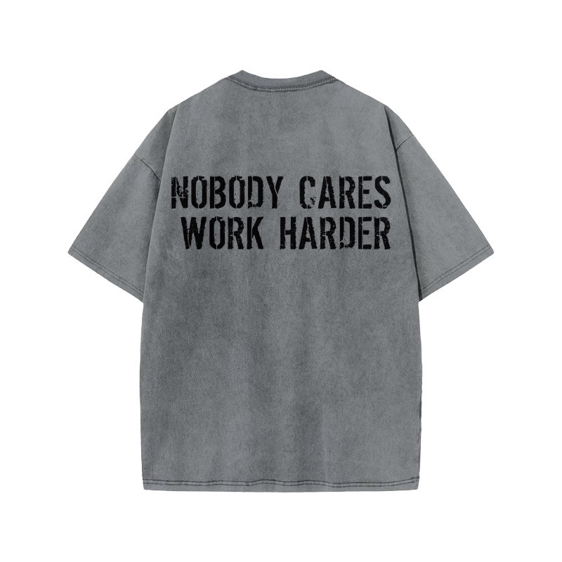100% Cotton Nobody Cares Work Harder Gym Print Acid Washed T-shirt - Grey - US20-22(3XL) - image 5