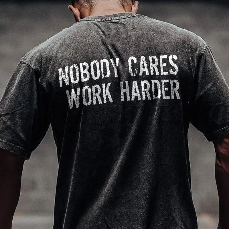 100% Cotton Nobody Cares Work Harder Gym Print Acid Washed T-shirt - image 2