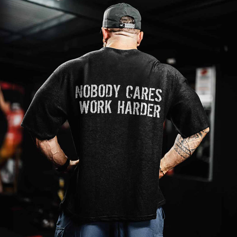 100% Cotton Nobody Cares Work Harder Gym Print Acid Washed T-shirt - Black - US20-22(3XL) - image 1