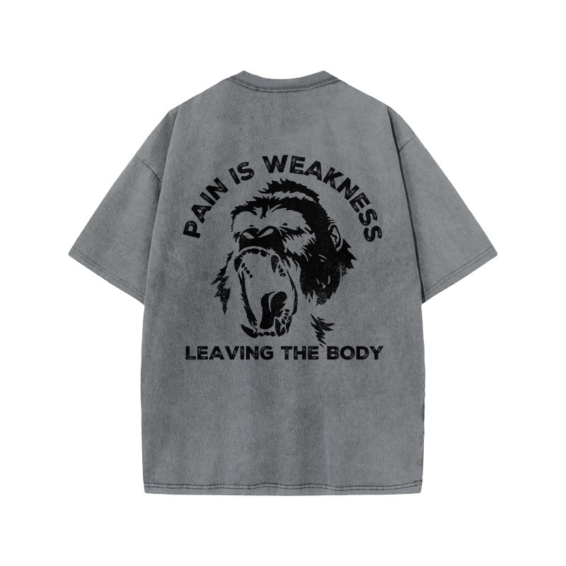 100% Cotton Pain Is Weakness Leaving The Body  Gym Print Acid Washed T-shirt - Grey - US20-22(3XL) - image 5