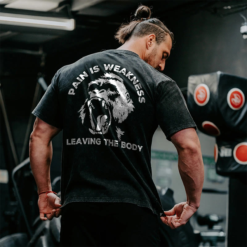 100% Cotton Pain Is Weakness Leaving The Body  Gym Print Acid Washed T-shirt - image 2