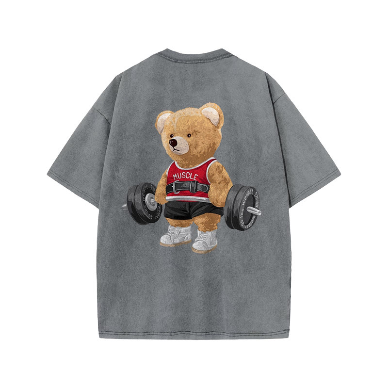 100% Cotton Lifting Bear Gym Print Acid Washed T-shirt - Grey - US20-22(3XL) - image 5