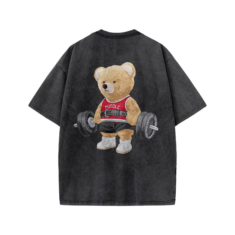 100% Cotton Lifting Bear Gym Print Acid Washed T-shirt - image 4