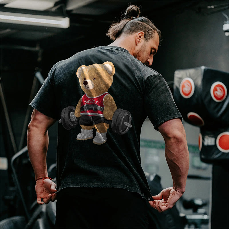 100% Cotton Lifting Bear Gym Print Acid Washed T-shirt - image 3