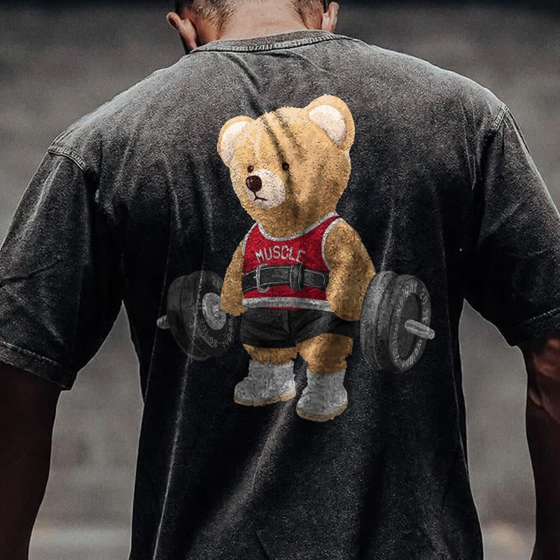 100% Cotton Lifting Bear Gym Print Acid Washed T-shirt - image 2