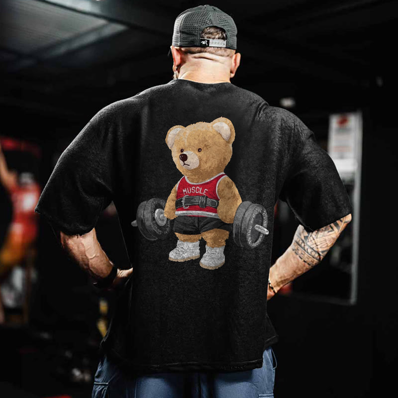 100% Cotton Lifting Bear Gym Print Acid Washed T-shirt - Black - US20-22(3XL) - image 1