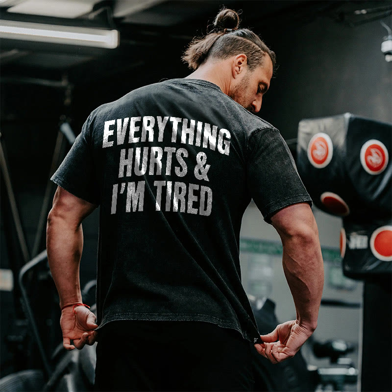 100% Cotton Everything Hurts & I'm Tired Gym Print Acid Washed T-shirt - Black - US20-22(3XL) - image 1
