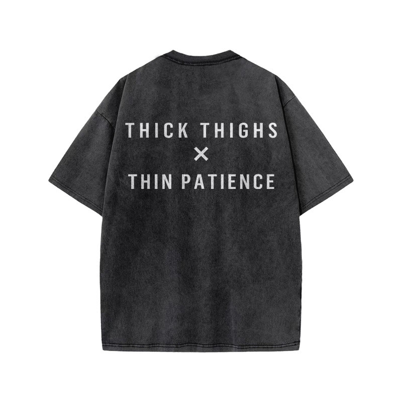 100% Cotton Thick Thighs X Thin Patience Gym Print Acid Washed T-shirt - image 4
