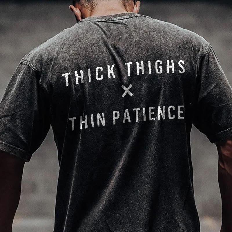 100% Cotton Thick Thighs X Thin Patience Gym Print Acid Washed T-shirt - Black - US20-22(3XL) - image 1