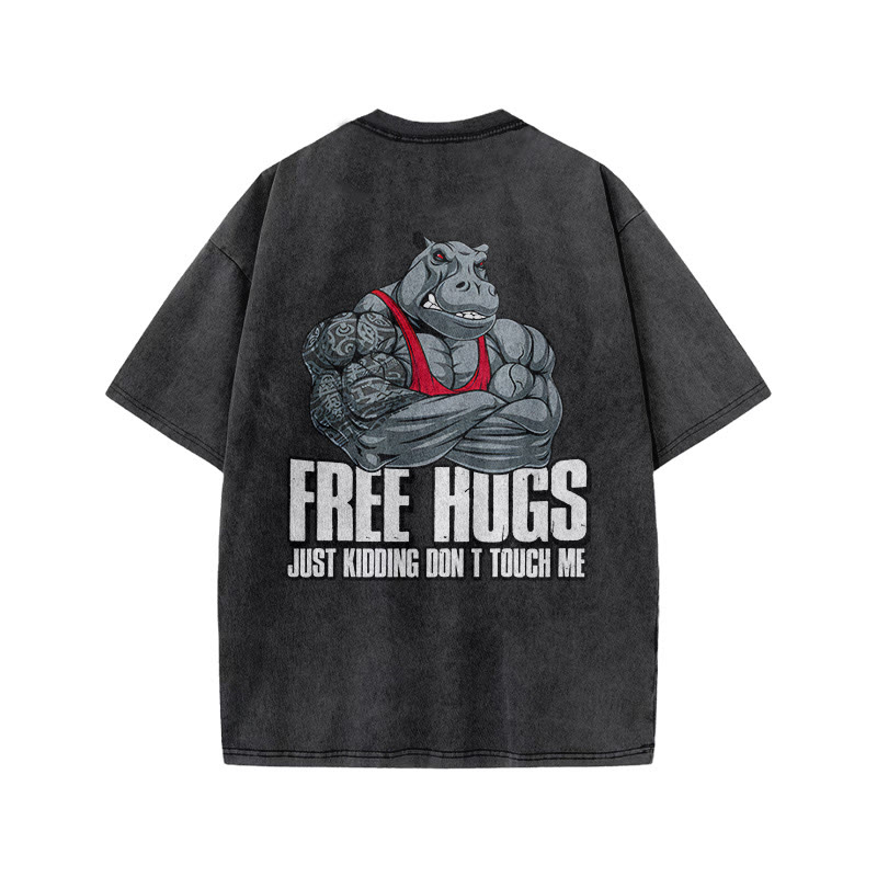 100% Cotton FREE HUGS Gym Print Acid Washed T-shirt - image 4