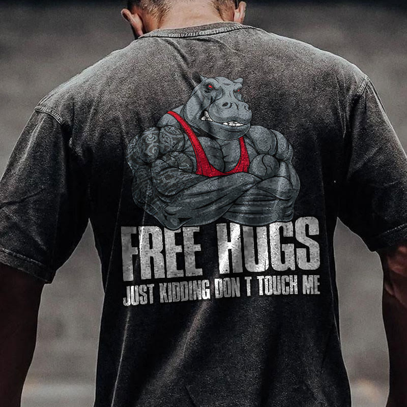 100% Cotton FREE HUGS Gym Print Acid Washed T-shirt - image 2