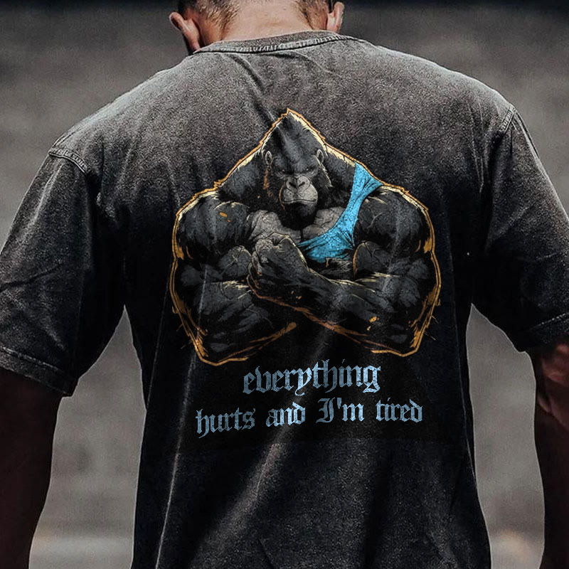 100% Cotton Everything Hurts & I'm Tired Gym Print Acid Washed T-shirt - image 3