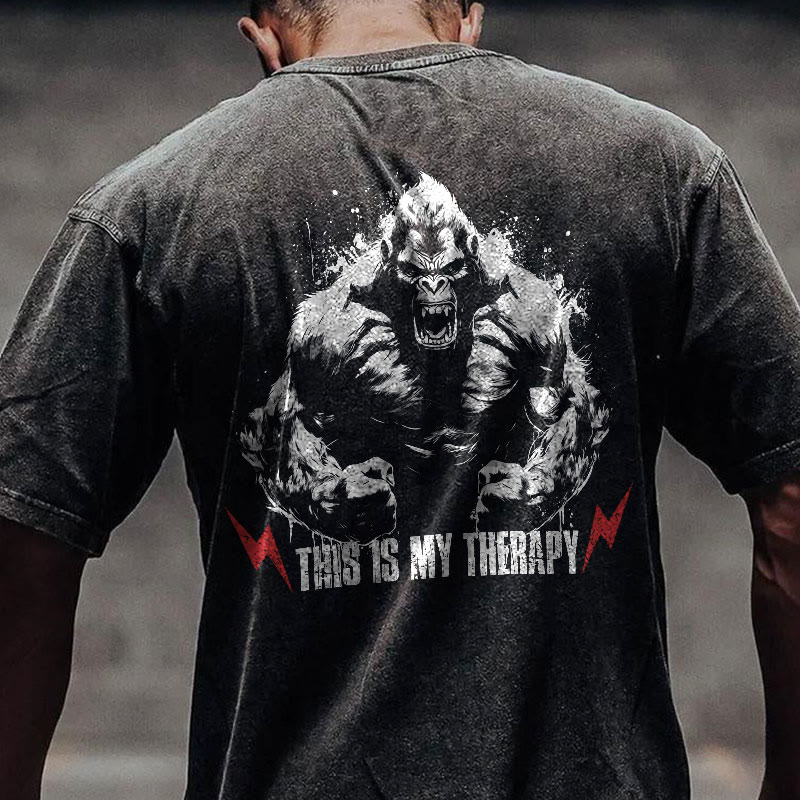 100% Cotton This Is My Therapy Gym Print Acid Washed T-shirt - Black - US20-22(3XL) - image 1