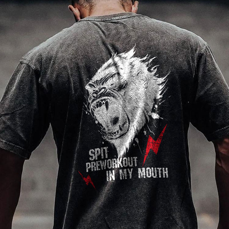 100% Cotton SPIT PREWORKOUT IN MY MOUTH Gym Print Acid Washed T-shirt - image 3