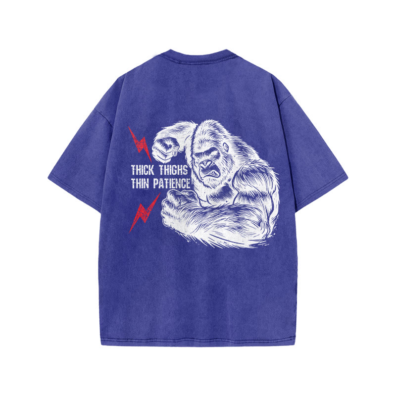 100% Cotton Thick Thighs Thin Patience Gym Print Acid Washed T-shirt - Blue - US20-22(3XL) - image 8