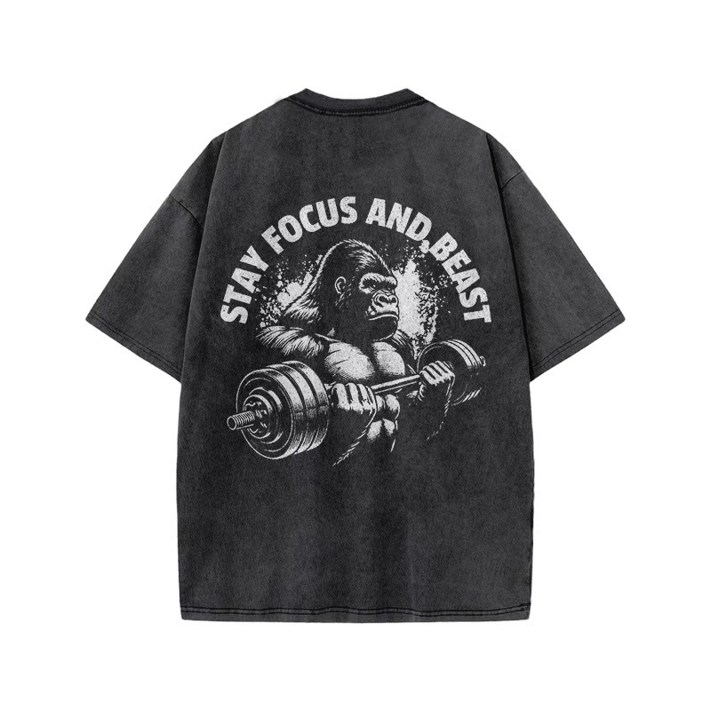 100% Cotton Stay Focus And Beast Gym Print Acid Washed T-shirt - image 4