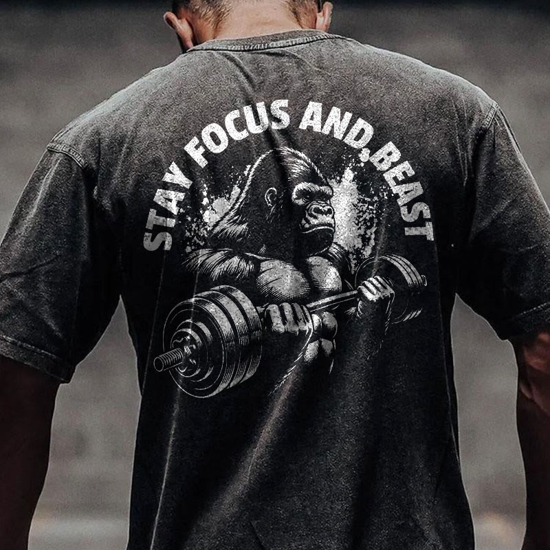 100% Cotton Stay Focus And Beast Gym Print Acid Washed T-shirt - image 3