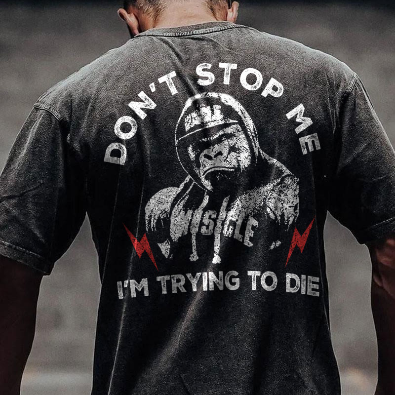 100% Cotton DON'T STOP ME Gym Print Acid Washed T-shirt - Black - US20-22(3XL) - image 1