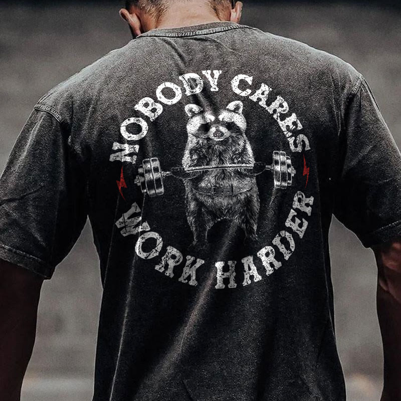 100% Cotton Nobody Cares Work Harder Gym Print Acid Washed T-shirt - image 3