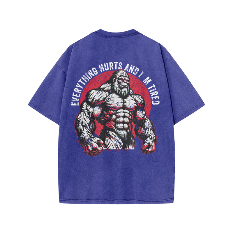 100% Cotton Everything Hurts And I'm Tired Gym Print Acid Washed T-shirt - Blue - US20-22(3XL) - image 9