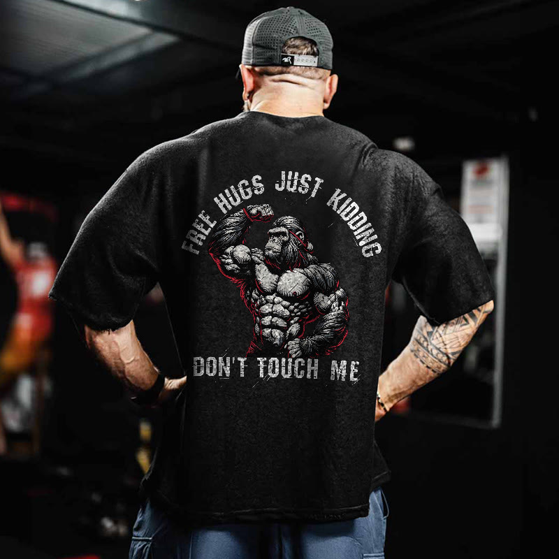 100% Cotton FREE HUGS Gym Print Acid Washed T-shirt - image 2