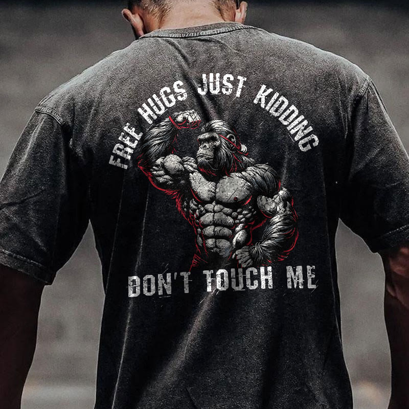 100% Cotton FREE HUGS Gym Print Acid Washed T-shirt - Black - US20-22(3XL) - image 1