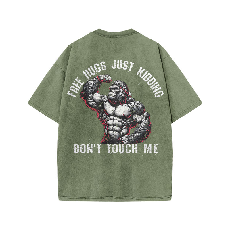 100% Cotton FREE HUGS Gym Print Acid Washed T-shirt - Army Green - US20-22(3XL) - image 8