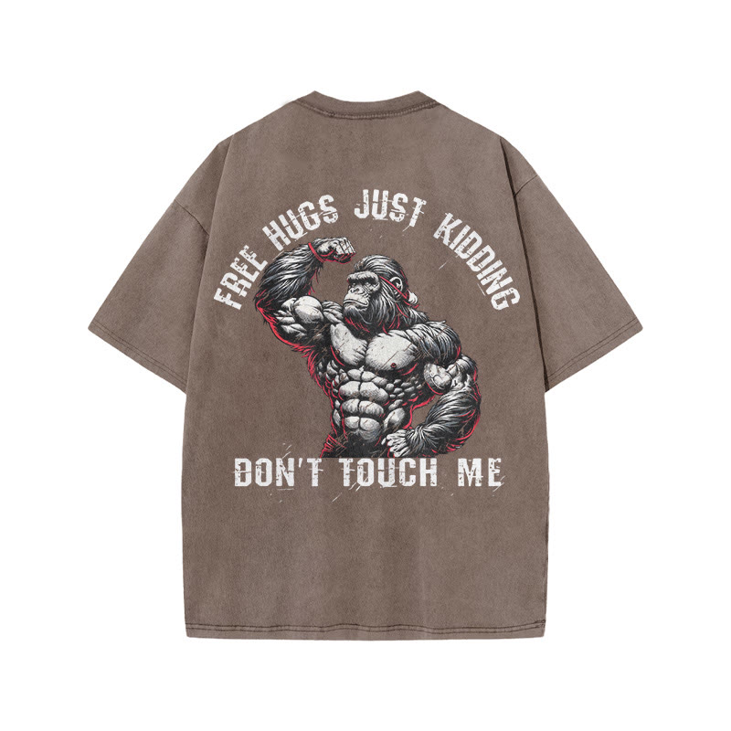 100% Cotton FREE HUGS Gym Print Acid Washed T-shirt - Coffee - US20-22(3XL) - image 7