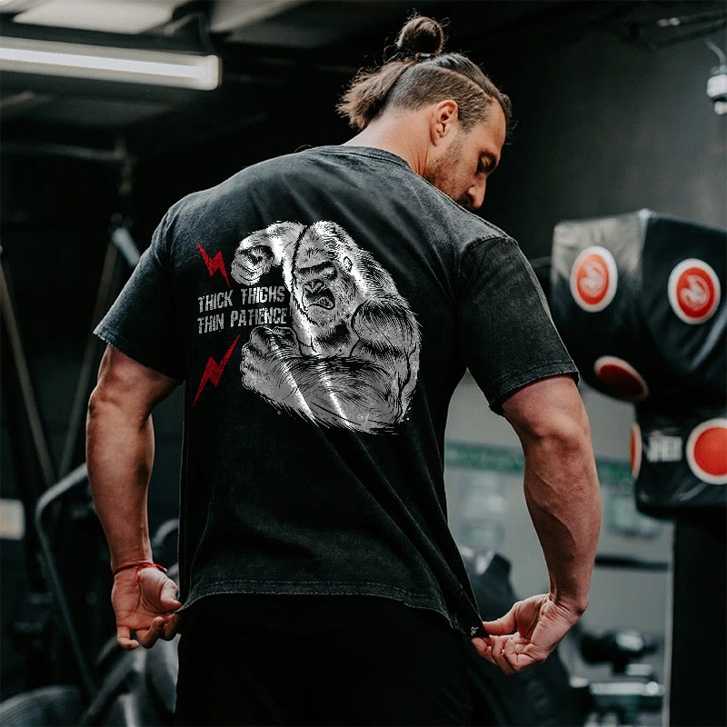 100% Cotton Thick Thighs Thin Patience Gym Print Acid Washed T-shirt - Black - US20-22(3XL) - image 1