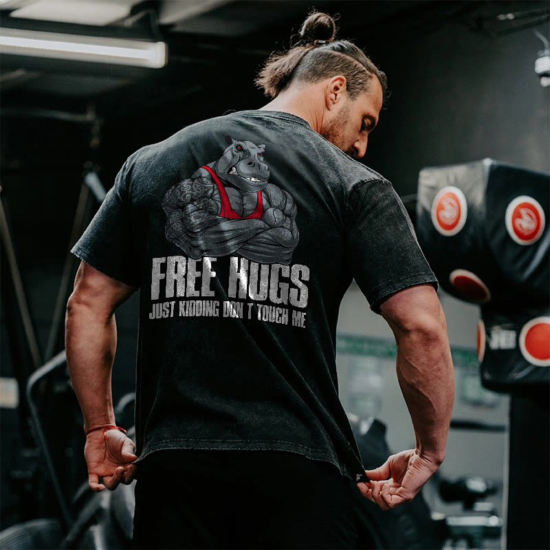 100% Cotton FREE HUGS Gym Print Acid Washed T-shirt - image 3