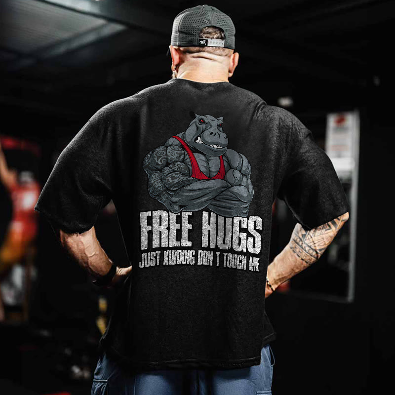 100% Cotton FREE HUGS Gym Print Acid Washed T-shirt - Black - US20-22(3XL) - image 1