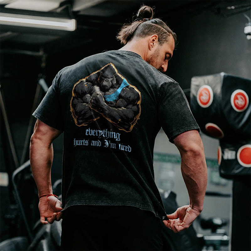 100% Cotton Everything Hurts & I'm Tired Gym Print Acid Washed T-shirt - image 2