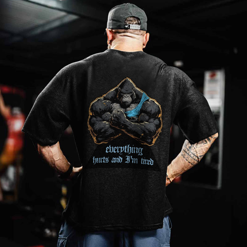 100% Cotton Everything Hurts & I'm Tired Gym Print Acid Washed T-shirt - Black - US20-22(3XL) - image 1