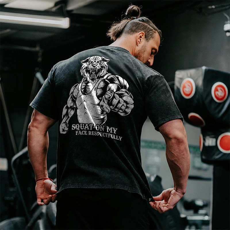 100% Cotton Squat On My Face Respectfully Gym Print Acid Washed T-shirt - image 2