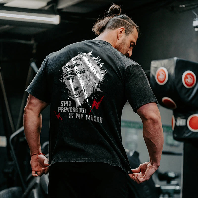 100% Cotton SPIT PREWORKOUT IN MY MOUTH Gym Print Acid Washed T-shirt - Black - US20-22(3XL) - image 1