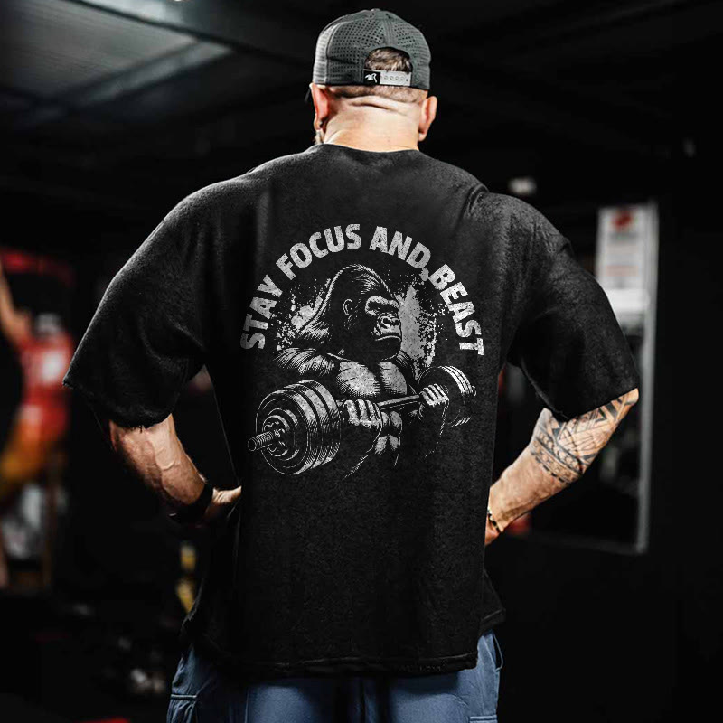 100% Cotton Stay Focus And Beast Gym Print Acid Washed T-shirt - image 2