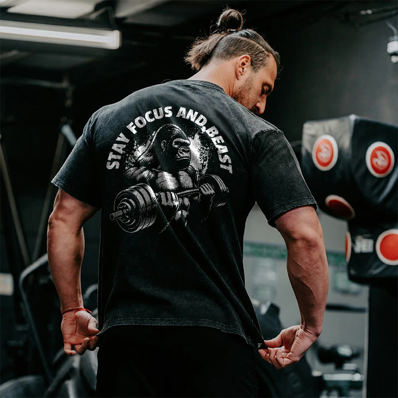 100% Cotton Stay Focus And Beast Gym Print Acid Washed T-shirt - Black - US20-22(3XL) - image 1