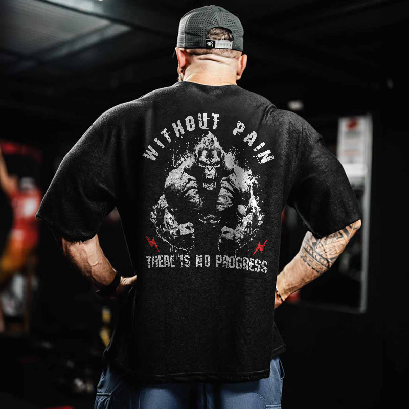 100% Cotton Without Pain There Is No Progress Gym Print Acid Washed T-shirt - image 2