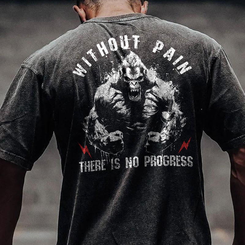 100% Cotton Without Pain There Is No Progress Gym Print Acid Washed T-shirt - Black - US20-22(3XL) - image 1